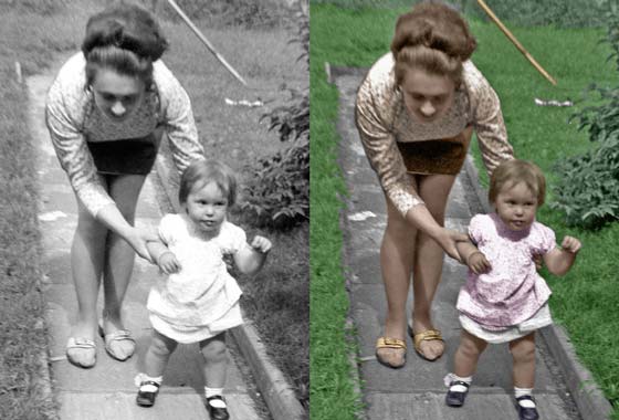 Mother and daughter photo from 1970's restored and re-coloured to look as new