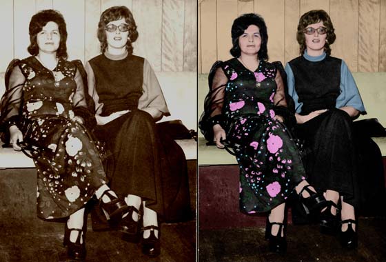 1970's image of 2 women socialising restored and re-coloured to look as new