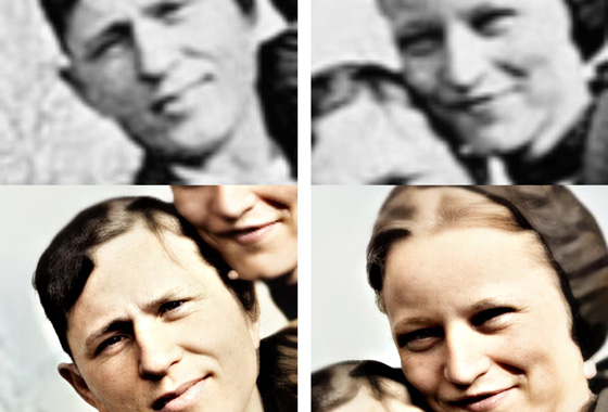 1930's close-up of facial features of Bonnie and Clyde after being restored, Coloured and HD Super Enhanced