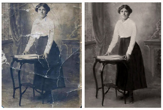 Full restoration completed of early 1900's image with crease marks, tears and discolouration.