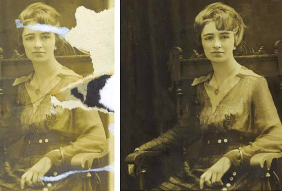 Full restoration completed of Victorian Woman image with major tear replaced and crease marks, tears and discolouration removed.