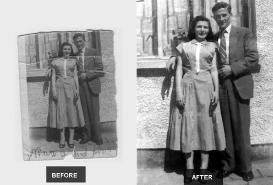 Full restoration of 1950's image of young couple with major crease marks and photo also faded.