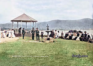 A Victorian image that has been expertly restored, colourised and HD enhanced of the band stand and sea front at Warrenpoint.