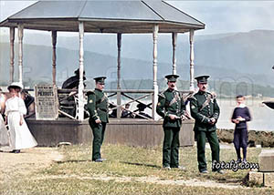 A Victorian era image that has been expertly restored, colourised and HD enhanced of bandsmen, the bandstand and seafront in Warrenpoint