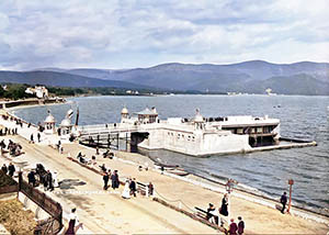 An old image that has been fully restored of the swimming baths, promenade, Carlingford Lough and the Mourne mountains