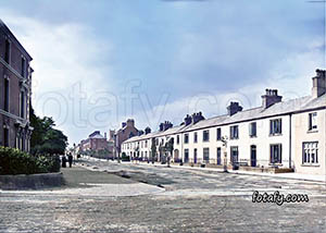 A Victorian photo that has been expertly restored, coloured and HD enhanced of Church Street, Warrenpoint.