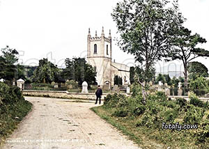 A Victorian image that has been colourised, HD enhanced and restored of Clonallen Church near Warrenpoint.