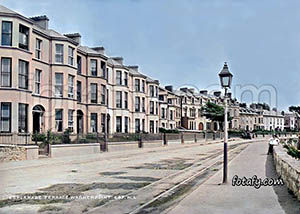 An old image that has been restored, HD enhanced and coloured of Esplanade Terrace at Warrenpoint seafront.