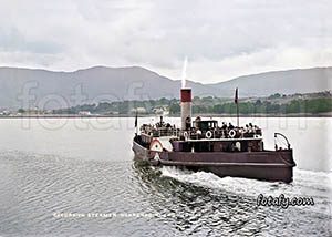 An old victorian image of an excursion steam boat on Carlingford Lough, Warrenpoint. The image has been restored, HD enhanced and colourised.