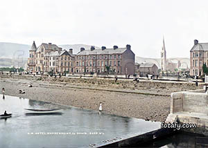 An old Warrenpoint image of the beach and sea front and Great Northern Hotel - taken from the public swimming baths. The image has been colourised, HD enhanced and fully restored.