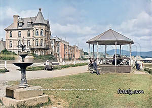 A Victorian print of the Great Northern Hotel, bandstand and Warrenpoint seafront. The image has been restored, HD enhanced and colourised.