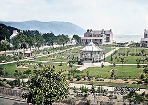 An early 1900's image of Warrenpoint public park and bandstand. The image has been fully restored and colourised.