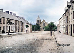 An old image of Charlotte Street and Presbyterian Church, Warrenpoint. The image had been HD enhanced, fully restored and colourised.