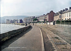 A old image that has been fully restored, colourised and HD enhanced of the horse tram lines along Warrenpoint promenade