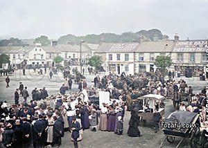 An old image of market day in Warrenpoint Square. Image has been restored, colourised and HD enhanced.