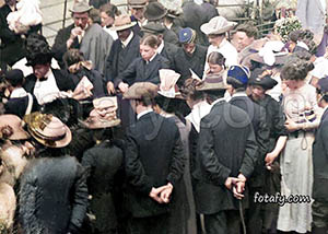 A victorian era image of a market auction in Warrepoint Square. This image has been restored, colourised and HD emhanced