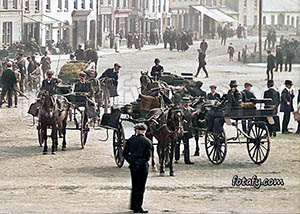 An old image that has been fully restored, colourised and HD enhanced of caters in Warrenpoint Square